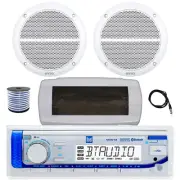 Dual Bluetooth Marine Receiver, Cover, Antenna,Wire, 2x 6.5" 90W White Speakers