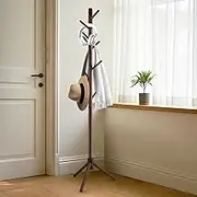 Neween Sturdy Wooden Tree Coat Rack Stand, Adjustable Free Standing Hall Coat Tree with 3 Section & 8 Hooks for Coats, Hats, Bags, Purse, Entryway, Hallway, Easy to Assemble (Brown)