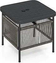 [Costway] Outdoor PE Rattan Side Table with 4 cm Umbrella Hole, Square Patio End Table with Metal Frame, Small Bistro Coffee Table for Porch, Balcony, Garden and Backyard