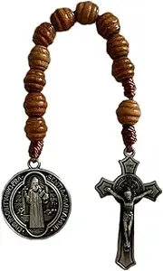 [Bovemee] Saint Benedict Medal Prayer Pocket Rosary Catholic Brown Wood Beads with Medalla de san benitol and Crucifix, 9 Inch (Antique Silver)