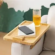 Bamboo Sofa Arm Tray Wood Couch Arm Tray with Phone Holder, Non-Slip Armrest Table Couch Arm Table Cup Holder Armrest Tray for Cup, Phone, Snack, Remote Control