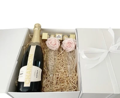 Gift Hamper In Magnetic Close Gift Box. Chocolate, Chandon , Glasses, Flowers