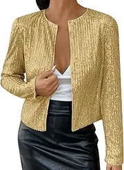 [Generic] Women's Sequin Glitter Sparkly Jacket Open Front Retro Flight Jacket Party Clubwear Mens Thermal Top Pack (Gold, XL)