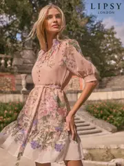 Lipsy Pink Floral Short Sleeve Linen Look Mini Shirt Dress (AT7231) | $136