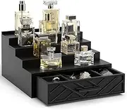 Cologne Organizer for Men, 4 Tier Stand With Velvet Lining Drawer and Hidden Compartment, Wood Perfume Shelf, Display Holder for Watch Jewelry, Great Gifts for Men