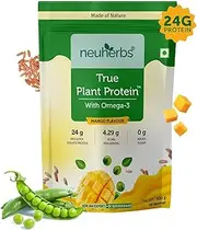Green Velly Indian Neuherbs True Plant Protein Powder With Omega 3 |100% Plant Protein| Mango Flavour| 24g Protein (Rice & Pea Protein Isolate)| Digestive Enzymes & Probiotics|For Muscle Recovery - 500G