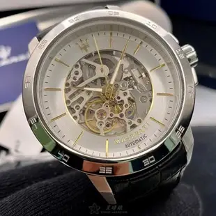 MASERATI 瑪莎拉蒂男錶 46mm 銀圓形精鋼錶殼 白色雙面機械鏤空鏤空中三針顯示錶面款 R8821119002