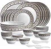 KRISHANA EXPORT STORE Opalware Solitaire Series Blu Dinner Set, 33 Units | Opal Glass Dinner Set for 6 | Crockery Set for Festive Occasions, Parties | White Plate and Bowl Set