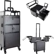 Pro Rolling Train Makeup Case Organizer with Extendable Trays Dividers Locks
