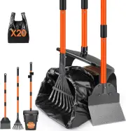 Dog Pooper Scooper - 37.4" Long Handle Adjustable Metal Swivel Bin & Rake & Spad