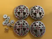 Lot Of 4 Cross With Red Sequins Conchos Wirh Screws 1”