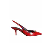 Dolce & Gabbana Red Leather Crystal Heels Slingback Shoes
