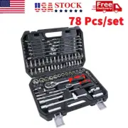NEW 78Pcs 1/4" & 1/2" Drive Socket Set with Pear Head Ratchet SAE / Metric USA