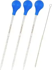 uxcell Graduated Dropper Pipettes Kit, 3 Pcs 0.5ml Borosilicate Glass Pipette with Blue Rubber Cap and Brush for Transfer Liquid for Lab, Chemistry, Clear