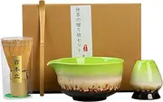 LEZOOY 5PCS Tea Whisk Japanese Premium Matcha Ceremony Set 5 PCS with Tea Whisk Stand Tea Bowl Tea Spoon Steel Sieve Authentic Traditional Tea Set Matcha Lovers Kiln-Changed Green