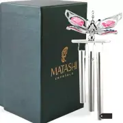 Matashi Chrome Plated Silver Color Butterfly Decorative Wind Chime w/ Crystals