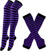 [generic] Womens Socks Striped Knee High Socks Arm Warmer Fingerless Gloves Set, purple, One Size