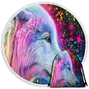 Colorful Animal Art Neon Rainbow Wolf Round Beach Towel