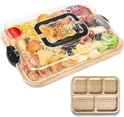 Blissify Charcuterie Board with Lid and Handle, Bamboo Cheese Board Platter, Large Snack Serving Tray, Wooden Cutting Boards for Kitchen, Party, Picnic, Gift, Black (5 Compartments)