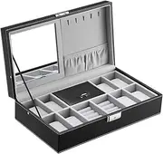 PHCOMRICH Watch and Jewellery Storage Box for 8 Watches,Women Display Storage Case Large PU Leather Jewelry Holder with Lock for Earring Ring Necklace Bracelet, Black