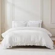 [Lush Decor] Duvet Cover Set, 3-Piece Cotton Bedding with Matching Shams, Contrast Edge & Stylish Border (Reyna Off-White/Blue, Full/Queen)