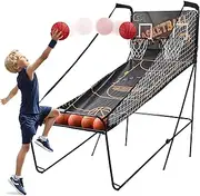 Double Basketball Arcade Game, Folding Basketball Hoop Game with 8 Game Modes, Electronic Scoring Shooting Machine with 5 Balls and LCD Scoreboard, for Families and Parties