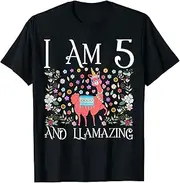 [X.Style] I am 5 Years Old Llama Happy 5th Birthday Girl Outfit ds460 T-Shirt (S) Black