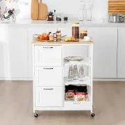 CostwayKitchen Island with Rubber Wood Countertop &amp; Lockable Casters-White