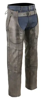 MEN'S MOTORCYCLE DISTRESSED BROWN LEATHER RIDING CHAP PANTS - SNAP OUT LINER