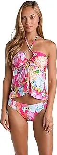 [La Blanca] Sunshine 79 Women's Bandeau Tankini Swimsuit Top, Bright Pink//Expressive Garden, 10, Bright Pink//Expressive Garden, 14