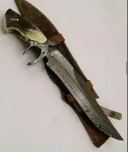 AB CUTLERY CUSTOM HANDMADE DAMASCUS BOWIE KNIFE HANDLE BY CLIP AND STAG ANTLER