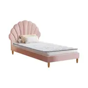 Oikiture Bed Frame Single Size Scallop-Shape Bedhead Pink Velvet with Mattress