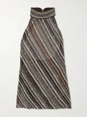 [Missoni] Missoni - Sequined Striped Crochet-knit Halterneck Top - Metallic - IT48 IT 48 Metallic