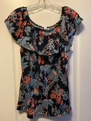 J Jill Shirt Sz Medium Blue Top Sarasa Tropical Ruffles Linen Sleeveless Blouse