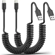 Coiled Lightning Cable 3FT 2Pack Coiled Lightning Cable for Car, Stretchable iPhone Cord Fast Charging [MFi Certified] Coiled USB to Lightning Cable for iPhone 14 13 12 11 Pro Max XS 8 iPad CarPlay