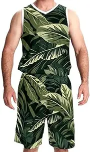 [KQNZT] Basketball Jersey for Men, Jersey Shorts Outfit Set, Mens Basketball Jerseys, Tropical Jungle Green Leaves Retro