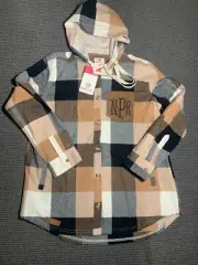 Marley Lilly Button Up Womens M Flannel Shacket Black White Brown Plaid W/ Hood