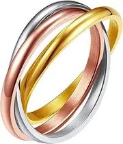 [FindChic] Triple Band Rings Interlocked Rolling Rings for Women Girls Stainless Steel/Gold/Rose Gold Plated/Tri-color/Black Russian Wedding Band Size 4 to 12, with Gift Box