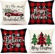Christmas Pillow Covers 18x18 Set of 4 Red Black Farmhouse Christmas Decorations Believe Merry Christmas Wonderful Winter Holiday Decor Throw Cushion Case for Home Couch