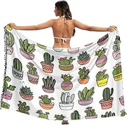 [RPLIFE] Cartoon Cacti Succulents Colorful Pots Beach Cover Up Sarong, Tassel Sarong for Summer Beach/Pool, Large, Cartoon Cacti Succulents Colorful Pots, Large