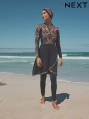 Black/Pink Paisley Long Sleeve Modesty Burkini Shaping Swimsuit (E51431) | $109