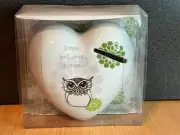 Ceramic White Heart Shaped Money Box Decal Owl Love Believe Dream Home Decor