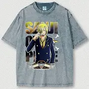 One Piece Sanji T-shirt Oversized Acid Washed Tee Punk Gothic T-shirt Retro Vinatge Street Style Hip Hop Unisex Adults Kids