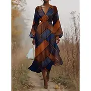 Women's Midi Dress Casual Dress Chiffon Swing Dress Modern Vacation Daily Weekend Regular Fit Geometric Long Sleeve V Neck Black Blue Brown Summer Spring Fall