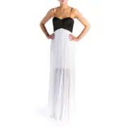 AQUA Women's WHITE BLACK PLEATED CHIFFON LONG GOWN MAXI DRESS FORMAL PROM 6 NWT