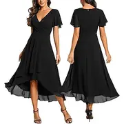 Women's Midi Dress Cocktail Dress Wedding Guest Dress Chiffon Elegant Fashion Modern Outdoor Cocktail Party Regular Fit Plain Short Sleeve V Neck Black Summer