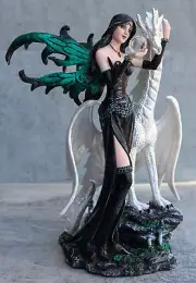 Gothic Pearl Visionary Fairy Strolling With Solar Viserion Dragon Pet Figurine