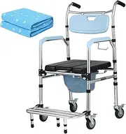 Toilet Shower Chair Commode Wheelchair Height Adjustable Bedside Commodes with Removable Pot Folding Pedal and Sponge Cushion for Elder Disabled People (with Incontinence Bed Pad)(A)