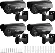 QWORK® 4 Pack Black Dummy Security Cameras with Red Flashing Light, Waterproof Bullet Shape, Outdoor Indoor Use, Includes CCTV Signs and Screws, No Batteries Included