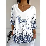 Women's Blouse Floral Graphic Bohemia Vintage Tropical 3/4 Length Sleeve V Neck Regular Tops Daily Buttons Print Light Blue Summer Spring